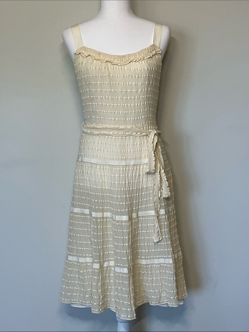 Cacharel Chiffon & Ribbon Dress Lined Knee Length Cream Color EU Size 36